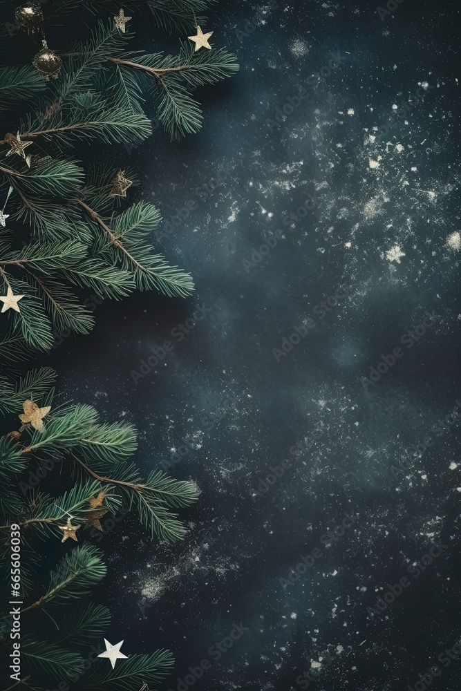 Christmas holiday background with a christmas tree branch and text copy space. Christmas frame for your text.