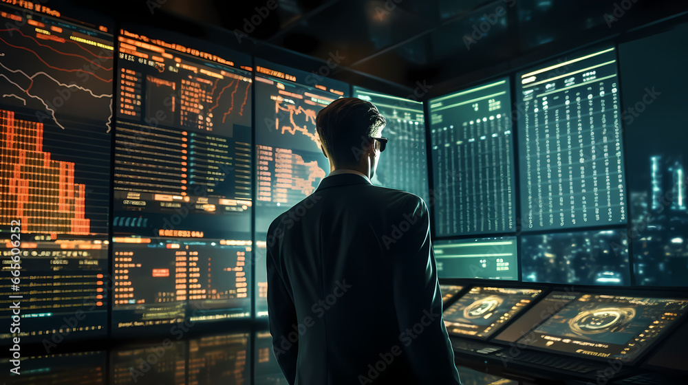 Astute businessman evaluating monetary data, plotting the course for enduring investment augmentation, in a sleek financial hub Astute businessman evaluating monetary data, plotting the course for enduring investment augmentation, in a sleek financial hub