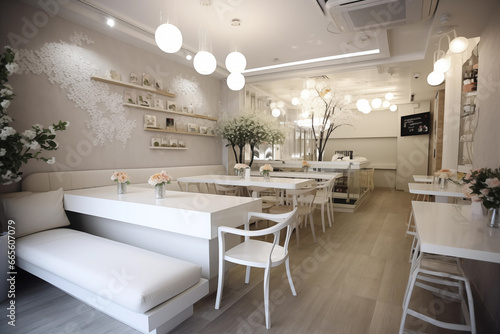 Modern white caf   with flowers