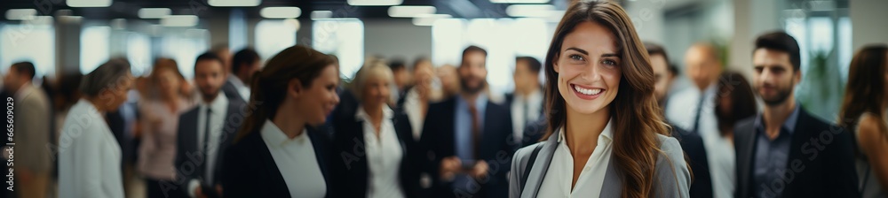 Confident business leader looking at camera and standing in an office. Productive team in the background. CopySpace Confident business leader looking at camera and standing in an office. Productive team in the background. CopySpace