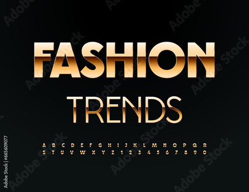 Vector golden logo Fashion Trends. Luxury Font. Chic Alphabet Letters and Numbers set. 