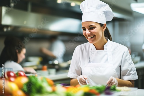 Attractive female chef in uniform, standing in a bright white commercial kitchen