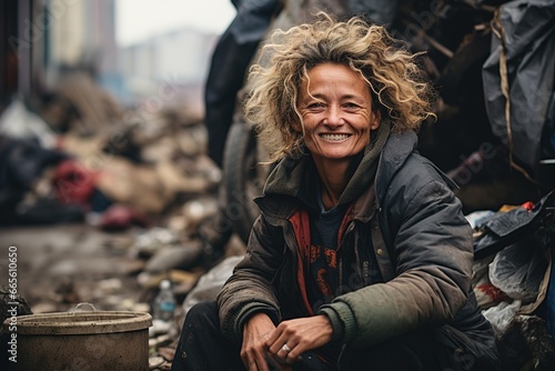 homeless woman sitting on the street and smiles