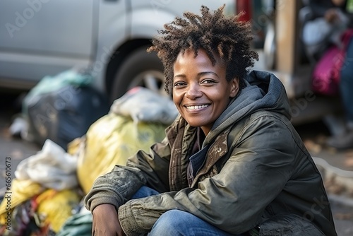 homeless woman sitting on the street and smiles photo