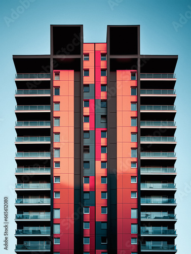 Modern Symmetrical Architecture Apartment Block in Red & Black (ID: 665612080)