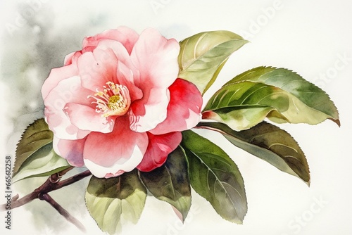 Watercolor painting of camellia blossom on a clear background. Generative AI