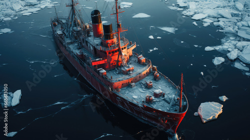 Aerial view of an icebreaker ship navigating the frigid Arctic waters, a powerful symbol of polar exploration and resilience
