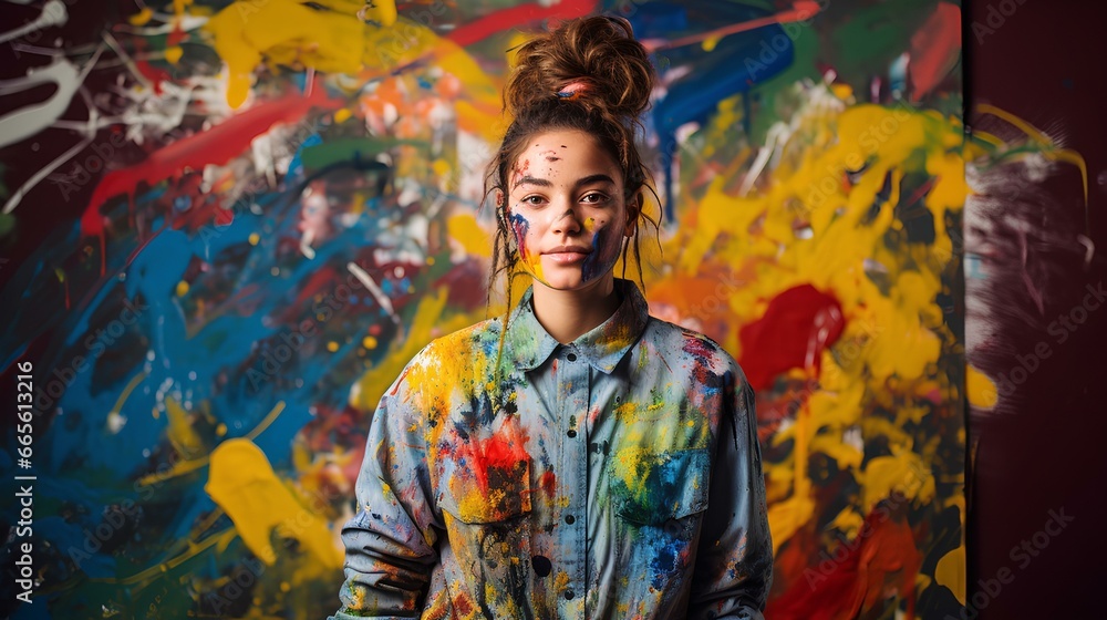 Fototapeta premium A portrait of a young student artist, splatters of paint on the face, set against a playful multicolor backdrop. copy space. candid passion of youth. generative AI