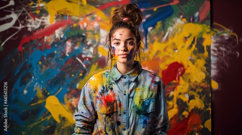 A portrait of a young student artist  splatters of paint on the face  set against a playful multicolor backdrop. copy space. candid passion of youth. generative AI