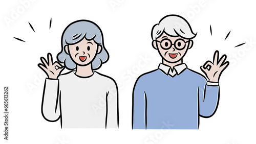 笑顔でOKサインをする老夫婦のイラスト素材
