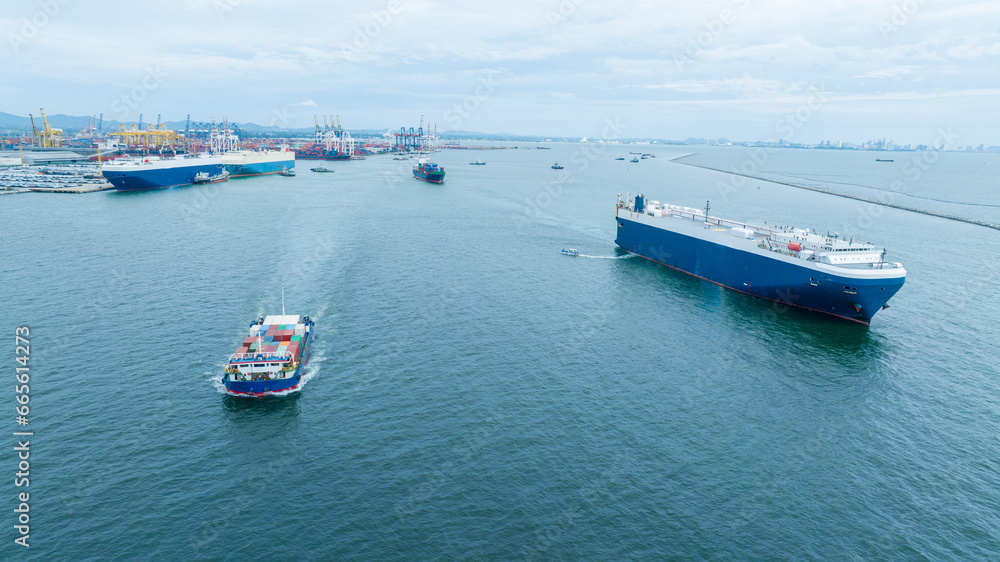 Small Cargo container Boat carrying container box running ner large Car Freighter Ship for export concept technology logistics freight shipping and service transportation
