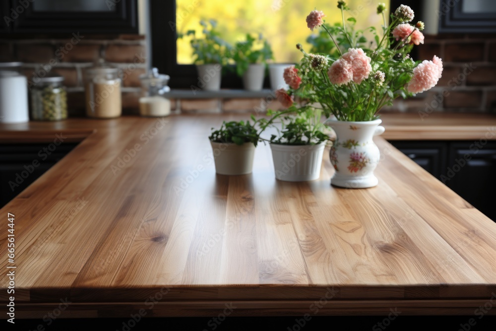 A kitchen table with vase with flowers on it, wood furniture. Generated AI A kitchen table with vase with flowers on it, wood furniture. Generated AI