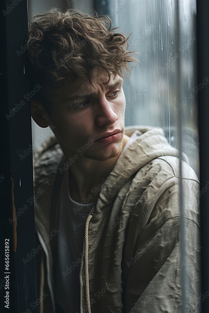 Depressed sad looking young man near a window. Dramatic concept for mental illness, depression, grief. Depressed sad looking young man near a window. Dramatic concept for mental illness, depression, grief.