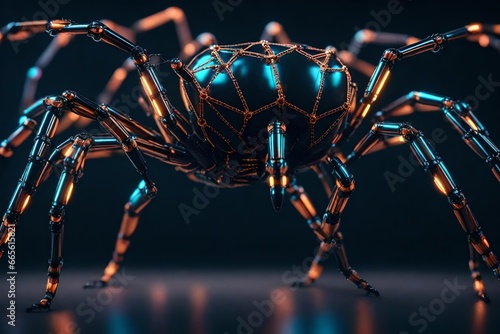 Visualize a robotic spider with multiple articulated legs and intricate metallic web-weaving capabilities © Izhar