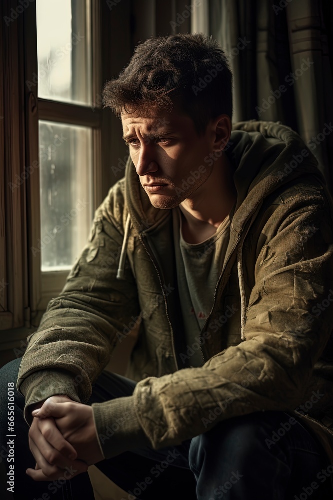 Obraz premium Depressed sad looking young man near a window. Dramatic concept for mental illness, depression, grief.
