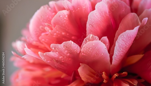 smooth coral red peony petals in soft focus, adorned with delicate water droplets, wallpaper, Textured backdrop, Close up of smooth coral red petals of peony flowers in soft focus, textured backdrop