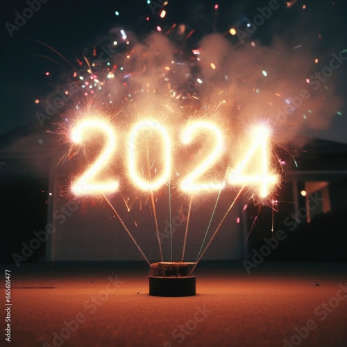 happy 2024 text written on a fogged window. fireworks in the background