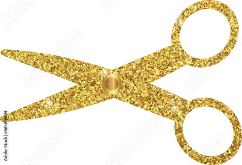 Icon in the form of open gold glitter scissors on a transparent background