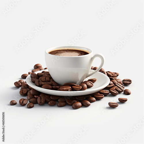 Cup of coffee on a saucer, coffee beans and cookies. AI Generation