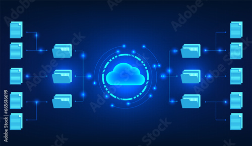 Cloud technology inside the technology circle along with the circle connected to the document file. It means transferring data files into the cloud system for data storage. There is a security system.