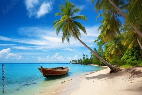 A tropical island's sandy beach with coconut palms and small sailboats by the shore. Generative AI