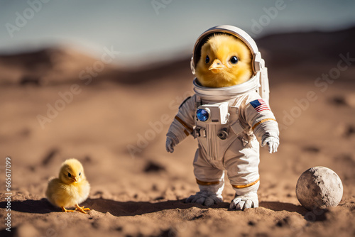 A little chick wearing an astronaut suit stands on the moon's surface photo