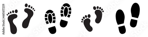 Footprint icon set. Barefoot footprints, shoe prints, child's footprints. Adults and children's steps - stock vector.