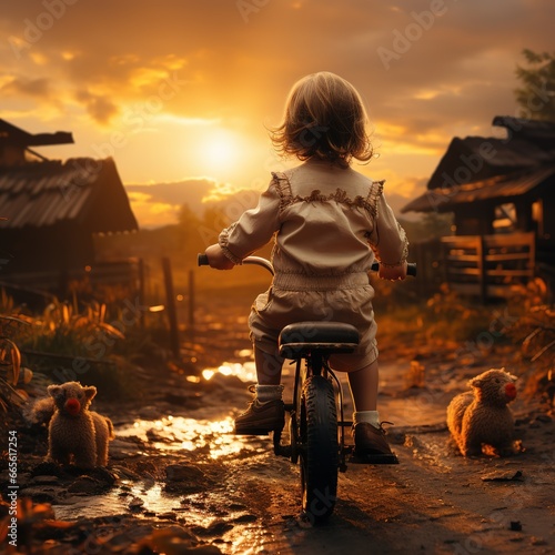 Small boy in jacket riding plastic toy motorbike in garden