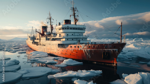 Aerial view of an icebreaker ship navigating the frigid Arctic waters, a powerful symbol of polar exploration and resilience © STOCK-AI
