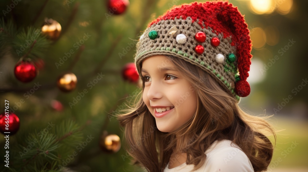 Children’s Christmas portrait outside. Decorated Christmas tree in snowy winter holidays outdoor. Happy children having fun.. Children’s Christmas portrait outside. Decorated Christmas tree in snowy winter holidays outdoor. Happy children having fun..