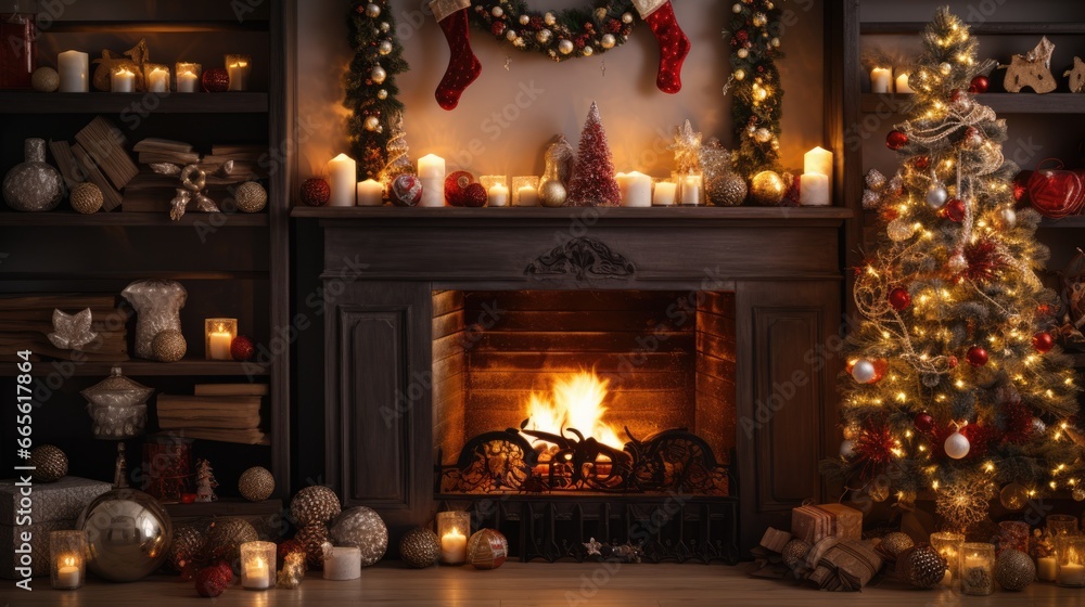 Christmas decorated fireplace. Interior living room with Christmas tree and gifts, armchair with blanket and gifts. Warm cozy Xmas concept.. Christmas decorated fireplace. Interior living room with Christmas tree and gifts, armchair with blanket and gifts. Warm cozy Xmas concept..