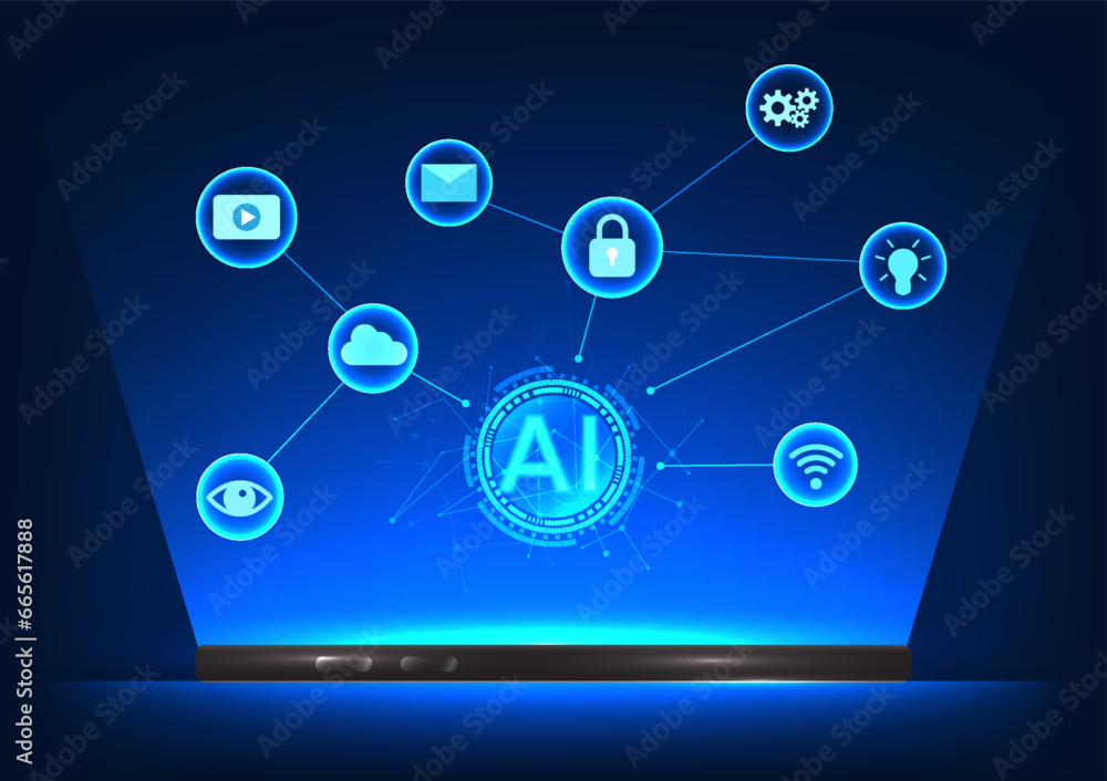 Smartphone technology Mobile phone above is artificial intelligence connected technology icon. Referring to a phone that AI uses to gently command and learn commands to help the user. Smartphone technology Mobile phone above is artificial intelligence connected technology icon. Referring to a phone that AI uses to gently command and learn commands to help the user.