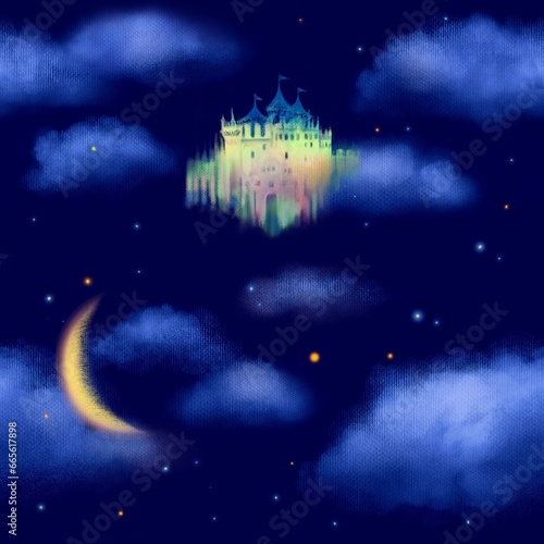 Seamless pattern illustration of European beautiful castle behinds clouds in the night