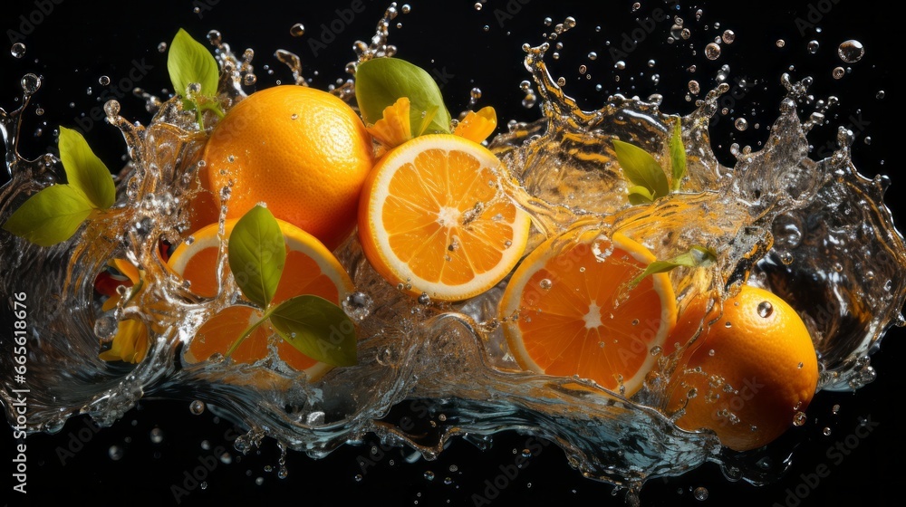 Fototapeta premium The splash of oranges with color water, high speed photography, on plain black background. AI Generative.