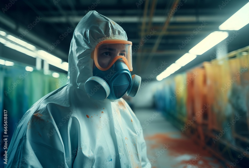 Worker in paint manufacturing department. Industrial worker with protective suit and face mask. Generate ai