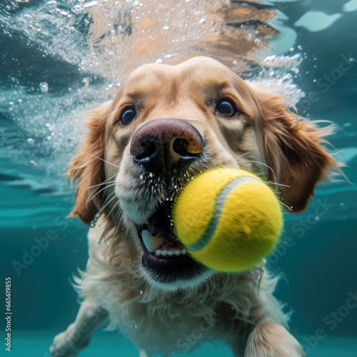 Cute golden retriever dog underwater with tennis ball