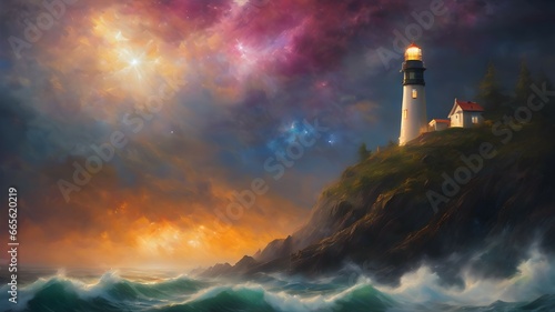 Oil painting of a lighthouse in a storm 