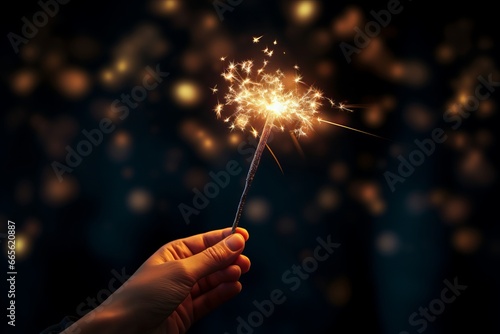 a human hand holding a christmas or new year festive party sparkler burning and shinning, fairy bokeh lights in the background