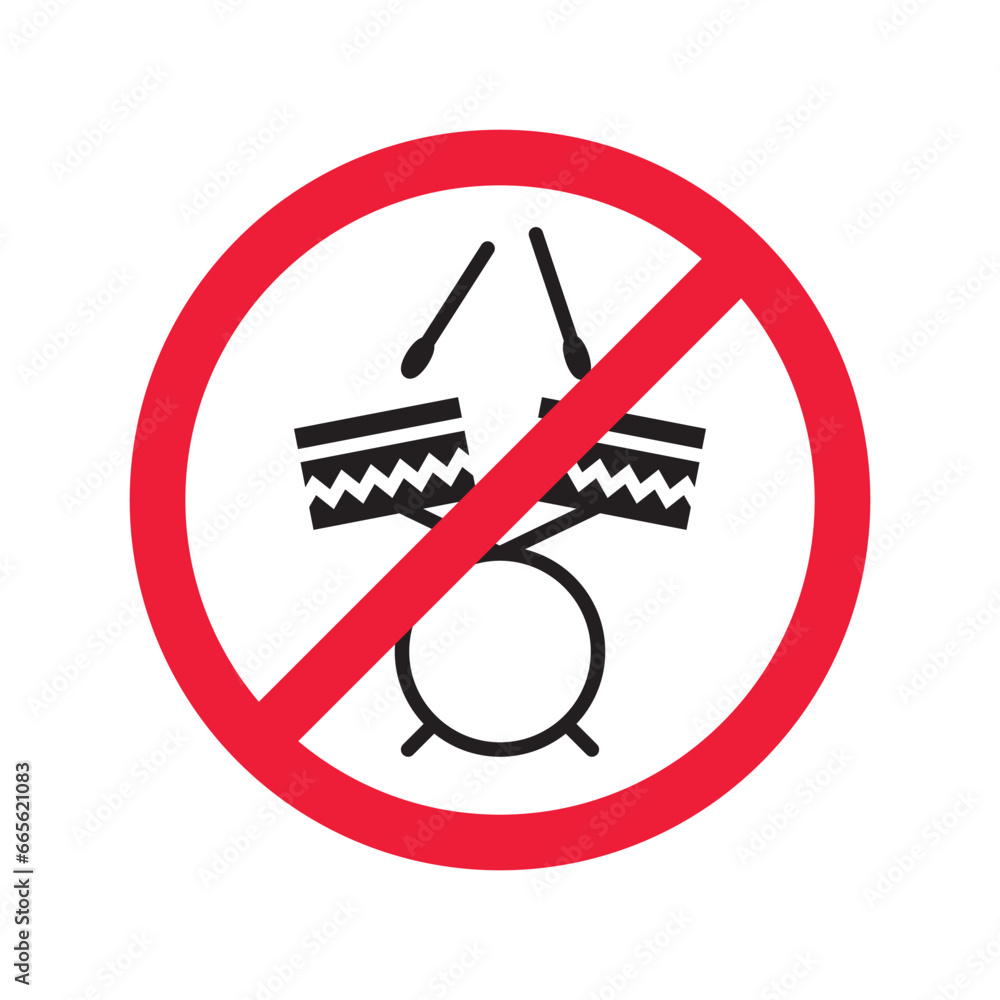 No music icon. Forbidden drums icon. Prohibited drums vector icon