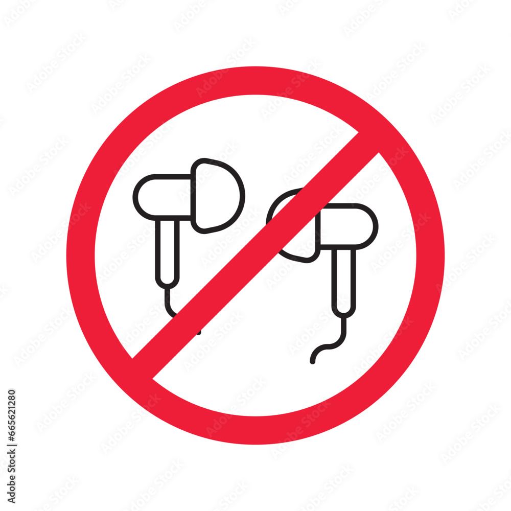 Forbidden Prohibited Warning, caution, attention, restriction label danger. No earbuds vector icon. Do not use earbuds sign design. No headphones symbol flat pictogram. No ear buds Forbidden Prohibited Warning, caution, attention, restriction label danger. No earbuds vector icon. Do not use earbuds sign design. No headphones symbol flat pictogram. No ear buds