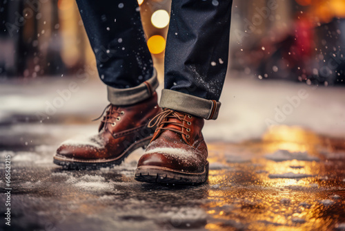 Close-up man feet in classic brown leather shoes standing on a snowy urban street, winter weather photo