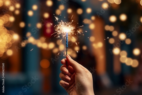 a human hand holding a christmas or new year festive party sparkler burning and shinning, fairy bokeh lights in the background