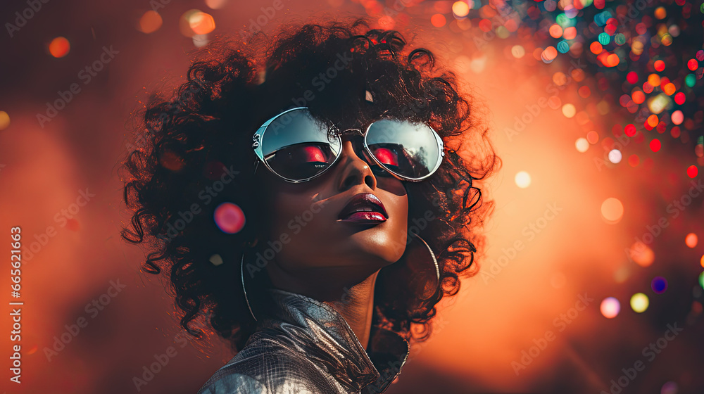 Retro Revival, a pretty woman with sunglasses at a party - obrazy, fototapety, plakaty 