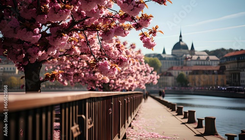 bridge over the river filled with magnolia trees during spring time. European town during spring. 