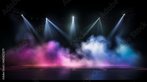 Illuminated stage with scenic lights and colorful smoke. Colorful vector spotlight with smoke volume light effect on black background. Stadium cloudiness projector. LGBTQ 