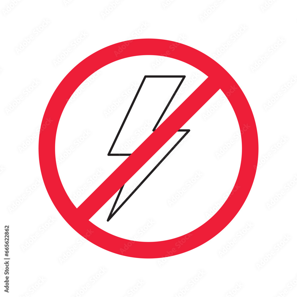 Forbidden Prohibited Warning, caution, attention, restriction label danger. No energy vector icon. Do not use charger sign design. No thunder symbol flat pictogram. No lightning Forbidden Prohibited Warning, caution, attention, restriction label danger. No energy vector icon. Do not use charger sign design. No thunder symbol flat pictogram. No lightning