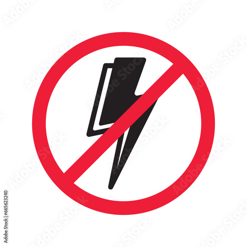 Forbidden Prohibited Warning, caution, attention, restriction label danger. No energy vector icon. Do not use charger sign design. No thunder symbol flat pictogram. No lightning