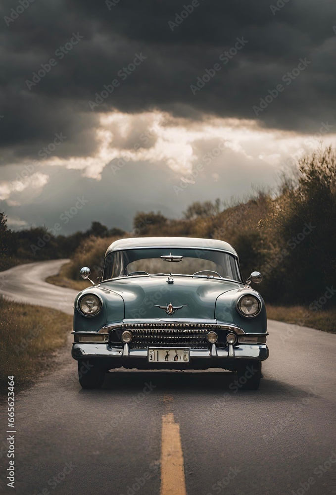 iPhone , Samsung , Android Beautiful Wallpaper of an aesthetic scene of a vintage car parked on a calm road under cloudy skies with a hint of sunlight breaking through.