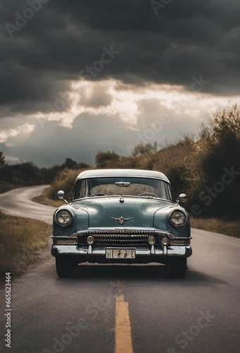 iPhone , Samsung , Android Beautiful Wallpaper of an aesthetic scene of a vintage car parked on a calm road under cloudy skies with a hint of sunlight breaking through.