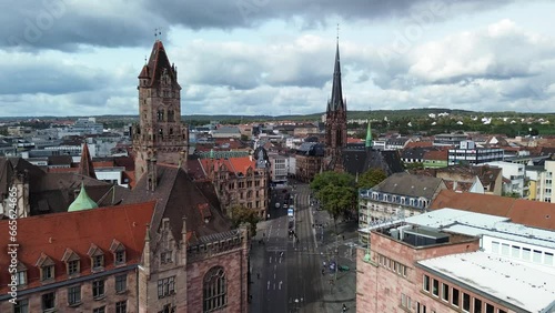 Summer cityscape of Saarbrücken, Germany. Aerial view of the city center with Rathaus (Town hall) in the foreground.